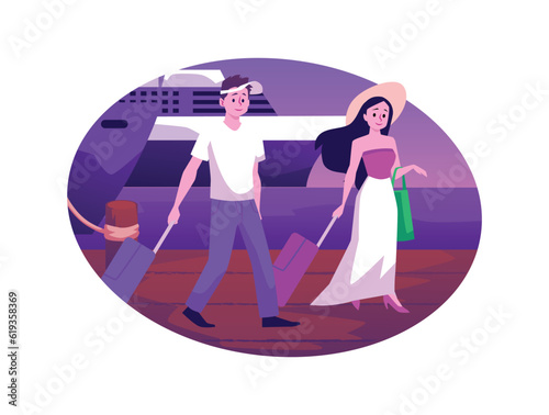 Nice couple with suitcases near the ship's pier, Cruise vacation concept, Holiday vacation season sea travel flat vector illustration
