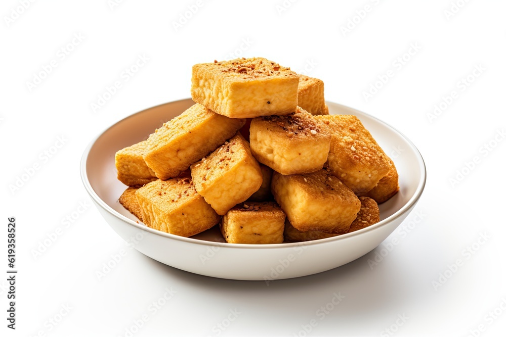 Fried vegan spongy tofu puffs isolate on white background Fried vegan spongy tofu puffs isolate on white background