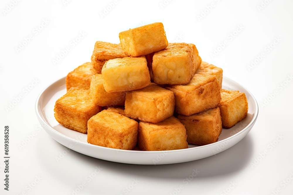 Fried vegan spongy tofu puffs isolate on white background Fried vegan spongy tofu puffs isolate on white background