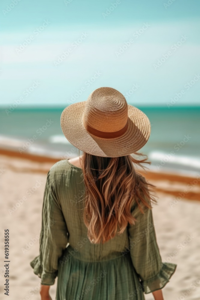 Photo of a woman in a green dress and hat walking on the beach.generative ai