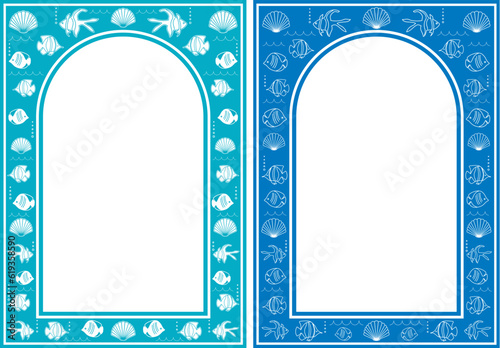 decorative blue frames with white center - vector arches with fishes and seashells