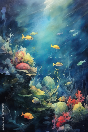 Watercolor fish swim in an underwater  dark blue background.