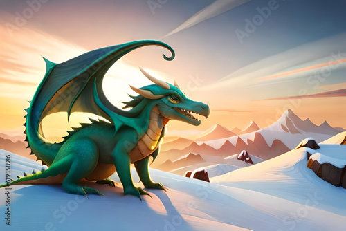 cute green dragon in santa hat  symbol 2024 new year on winter background created with generative ai technology