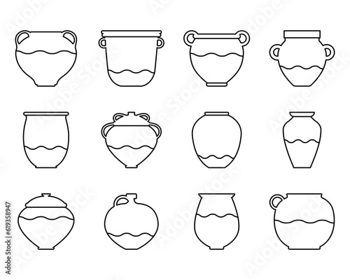 Vector illustration with bowl of various shapes. Set icon ceramic pot in linear style with elements. Editable stroke. Design element for ceramics studio logo. Icon clay products on pottery wheel