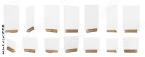 Menu card wood stand 3d vector blank mockup. Paper flyer with wooden frame isolated on white background. Photo display for desk base illustration set. Restaurant a5 sheet label for event promotion