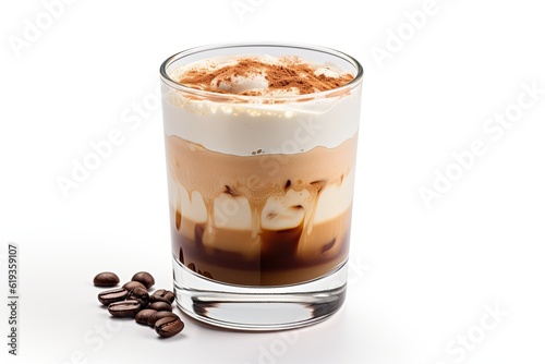 Glass of layered coffee mocha isolated on white background