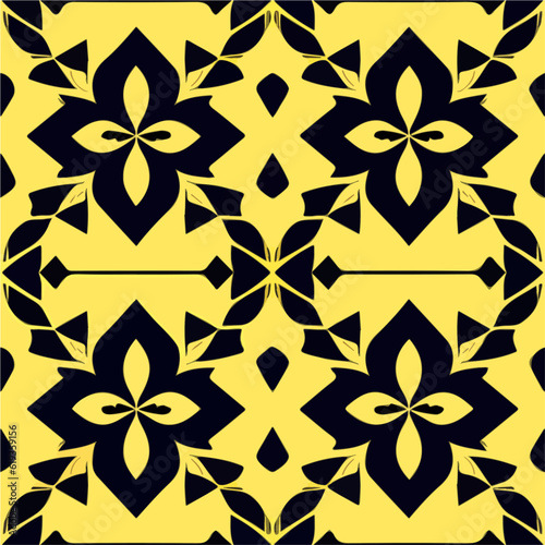 Charming black and yellow flower pattern, beautifully repeating on a yellow background, reminiscent of a classic damask fabric pattern, serving as an exquisite border design.