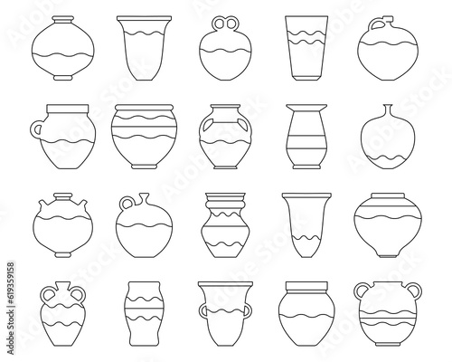 Ancient vases and jugs set. Vector illustration ceramic pots with decor. Bowl line icons set. Boho style ceramic vases in minimalist style. Vector ceramic icons for logo, postcard, posters, posts and 