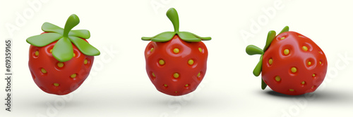 Set of 3D round strawberries, view from different sides. Ripe red strawberry with seeds in dimples. Sweet berries with green calyx. Natural sweets, eco snack