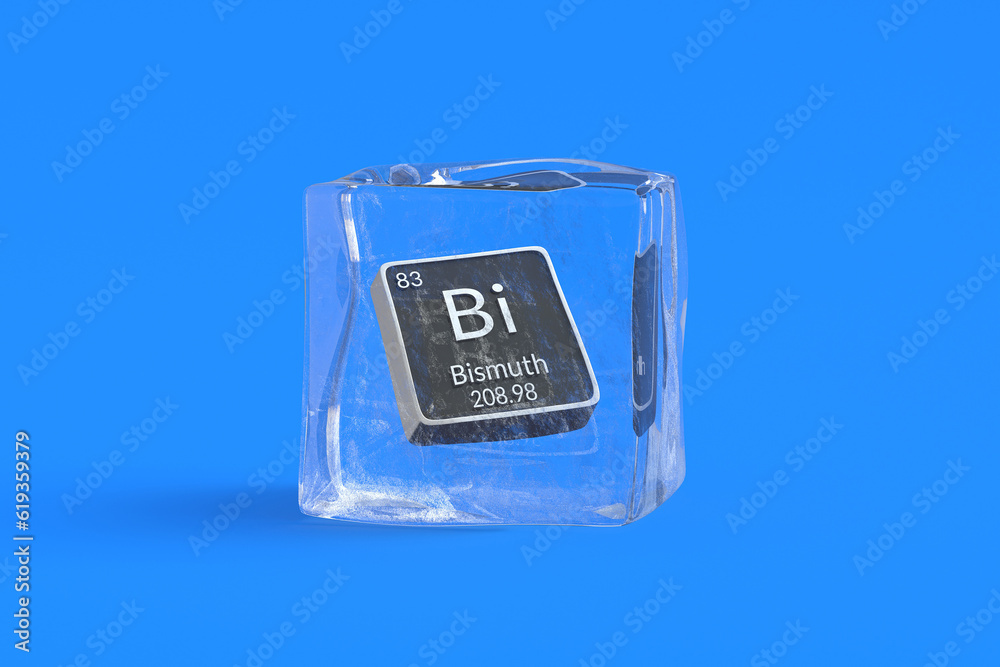 Bismuth Bi chemical element of periodic table in ice cube. Symbol of chemistry element. 3d render Bismuth Bi chemical element of periodic table in ice cube. Symbol of chemistry element. 3d render