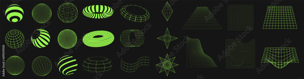 Big set of wireframe shapes. Cyber neo futuristic grids, 3d mesh objects and shapes. Wireframe wavy geometric perspective ball, sphere, rhombus, oval, grid, . 80s cyberpunk elements, vector set.
