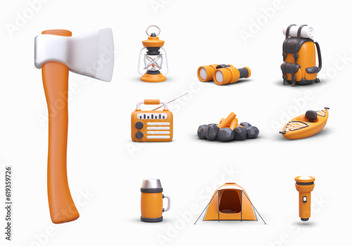 Large set of 3D illustrations for camping. 10 vector images with shadows on white background. Ax, kerosene lamp, binoculars, rucksack, radio, campfire, boat, thermos, tent, flashlight. Color icons