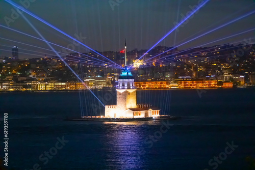 Istanbul Maiden Tower New (yeni kız kulesi), with a colorful and light show after restoration. The historical building is best touristic destination Istanbul. Maiden's Tower famous travel destination.