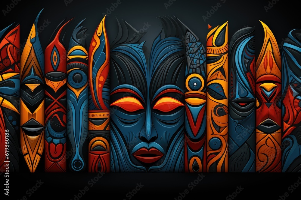 Obraz premium African etnic tribal tropical tribal artwork with a colorful line of traditional tiki masks and tribal patterns, created with generative ai