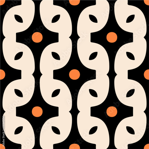 Vibrant orange and white pattern with googie motifs adorning a sleek black background. The repeating fabric pattern creates a seamless visual appeal.