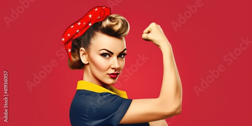 female strong woman with bandana on a red background  vintage americana   glamorous pin-ups  iconic american  dark red  yellow and blue  created with generative ai