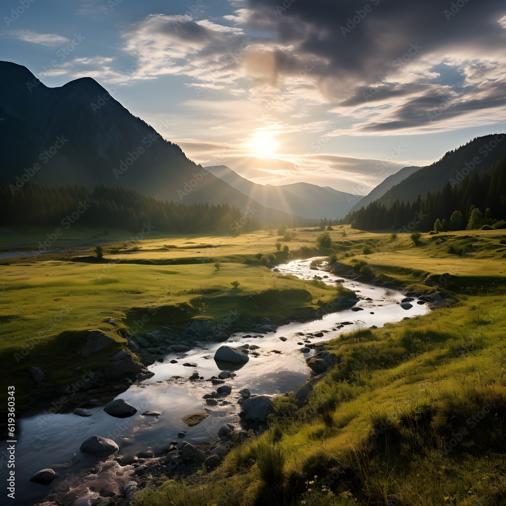 A winding river flows through a lush valley, flanked by towering mountains and lush forests. The sun streams down, illuminating the tranquil scene. A perfect place to relax.