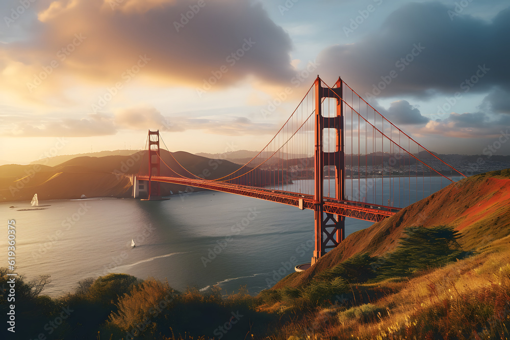 An iconic view of the Golden Gate Bridge stretching over the tranquil waters of San Francisco Bay with the bustling city skyline in the background.