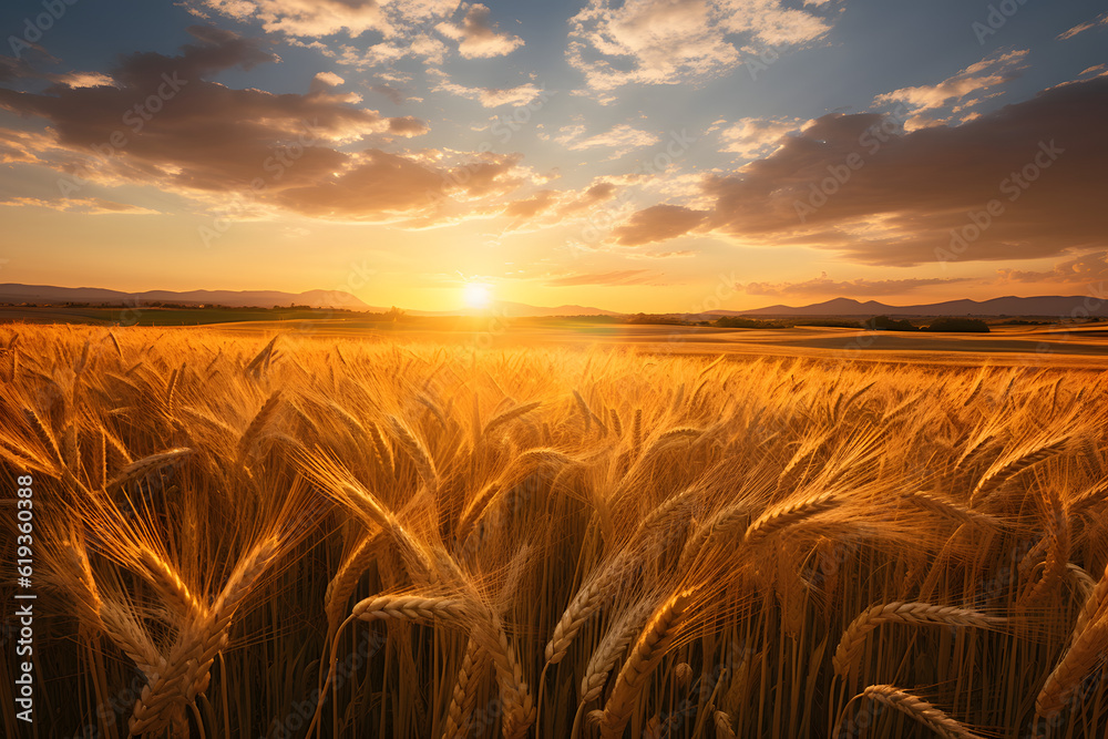 A golden sunset casts its warm light over a lush wheat field, creating a breathtaking sight. The swaying stalks of wheat create a serene atmosphere, perfect for a peaceful evening.