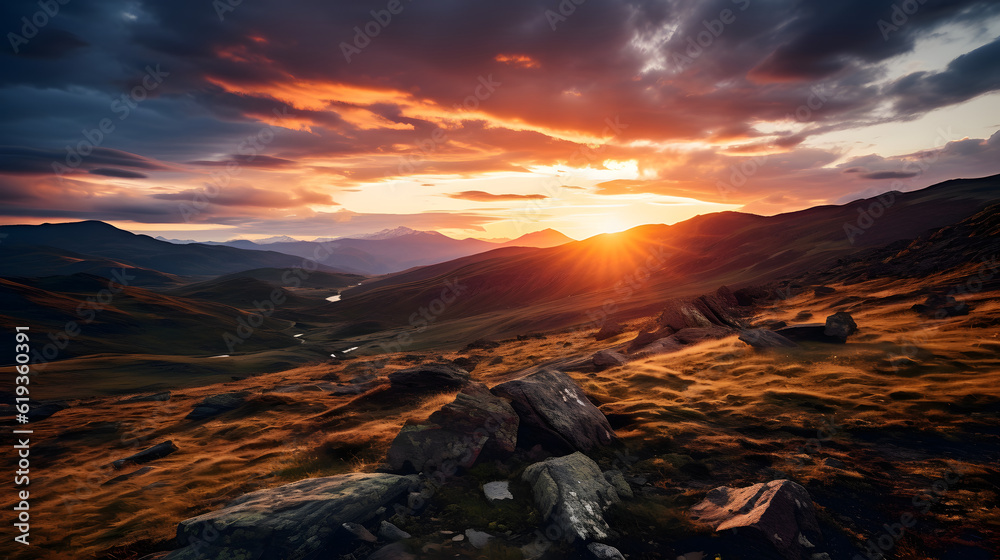 A beautiful orange and pink sunset illuminates the sky over a majestic mountain range. The fading sunlight creates a breathtaking view, and casts a peaceful atmosphere across the landscape.