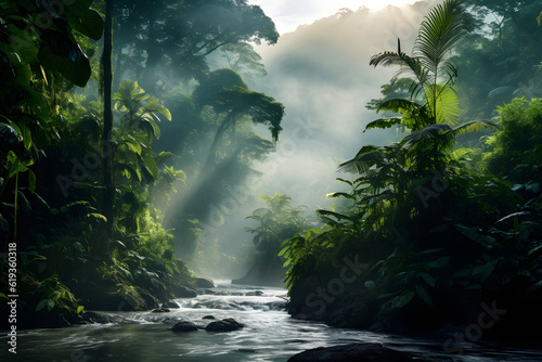 A winding river flows through a lush forest, its sparkling waters reflecting the sunlight and calming the surrounding nature. A peaceful and serene sight, the river is an integral part of the woodland © Pierre