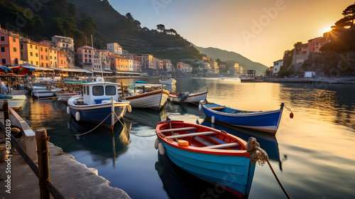 Boats of various sizes fill the tranquil harbor. Colorful buildings line the shore, creating a beautiful scene. The sun glints off the water, creating a stunning image. photo
