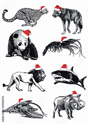 Graphical set of animals in Santa Claus red hats on white background isolated, Christmas elements. Vector illustration