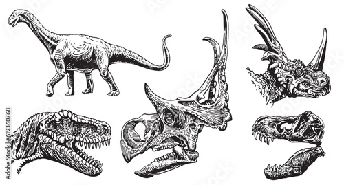 Graphical set of dinosaurs isolated on white background,vector illustration,tattoo  designs.