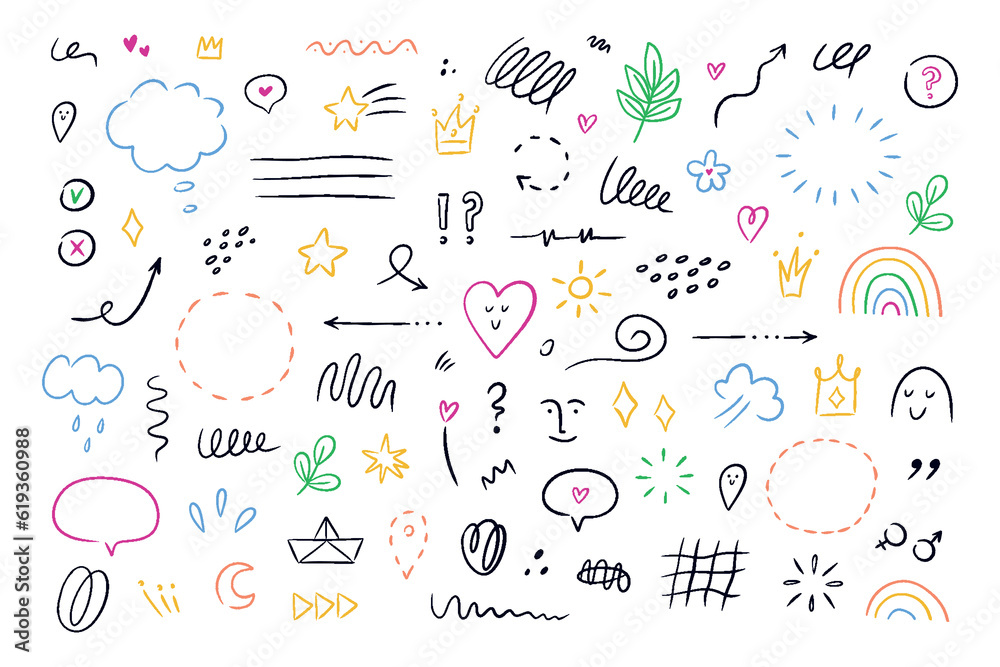 Hand drawn simple elements set. Sketch underlines, icons, emphasis, speech bubbles, arrows and shapes. Vector illustration isolated on white background. - obrazy, fototapety, plakaty 