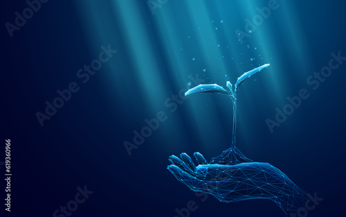 Digital Human Hand Holds the Plant in Palms. Futuristic Eco or Biotechnology Concept. Hand-open palm holds the sprout. Glowing Low Poly Wireframe Vector Illustration on Blue Technology Background.