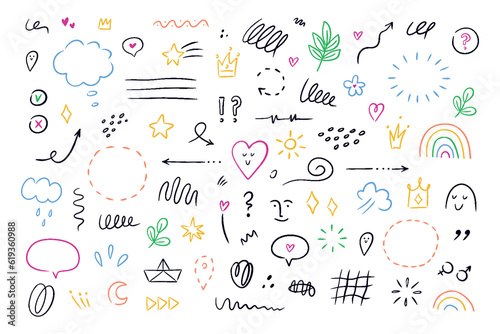 Hand drawn simple elements set. Sketch underlines, icons, emphasis, speech bubbles, arrows and shapes. Vector illustration isolated on white background. #619360988
