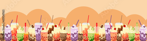 Bubble or boba tea in different cups vector seamless long banner.