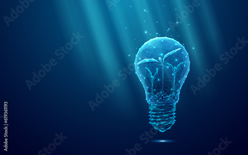 Abstract Digital Sprouts Inside Light Bulb. Plants and Innovation in Agroculture in Blue on Dark Technological Background. Low Poly Wireframe Vector illustration with 3D Effect. 