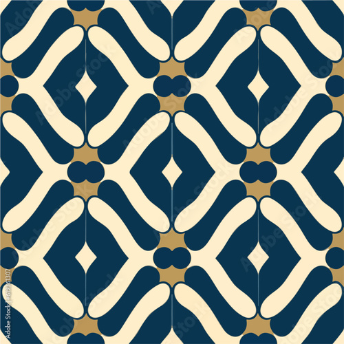 Elegant blue and white pattern enriched with delicate gold accents, exuding the timeless allure of art deco aesthetics. The pattern consists of art deco stripes interlaced with a captivating.