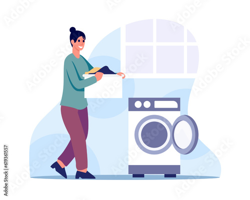 Smiling lady holding basket with clothes and going to do laundry. Usage of home appliances such as washing machines. Concept of duties, chores and housekeeping. Vector flat illustration in blue colors