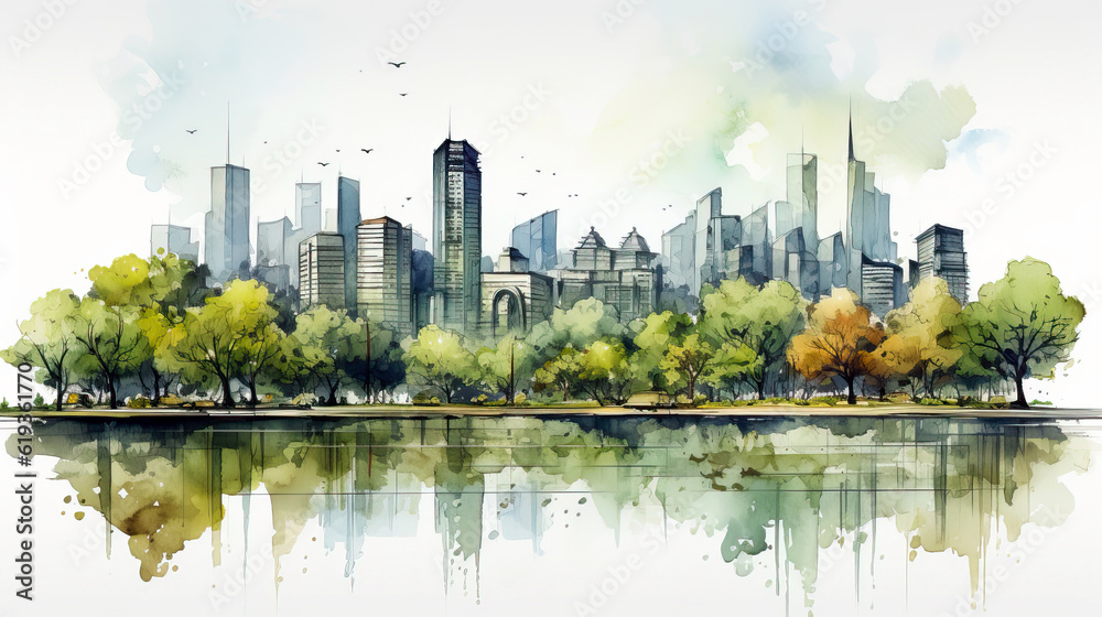 Naklejka premium Ecology city skyline with green trees and skyscrapers, background with copy space