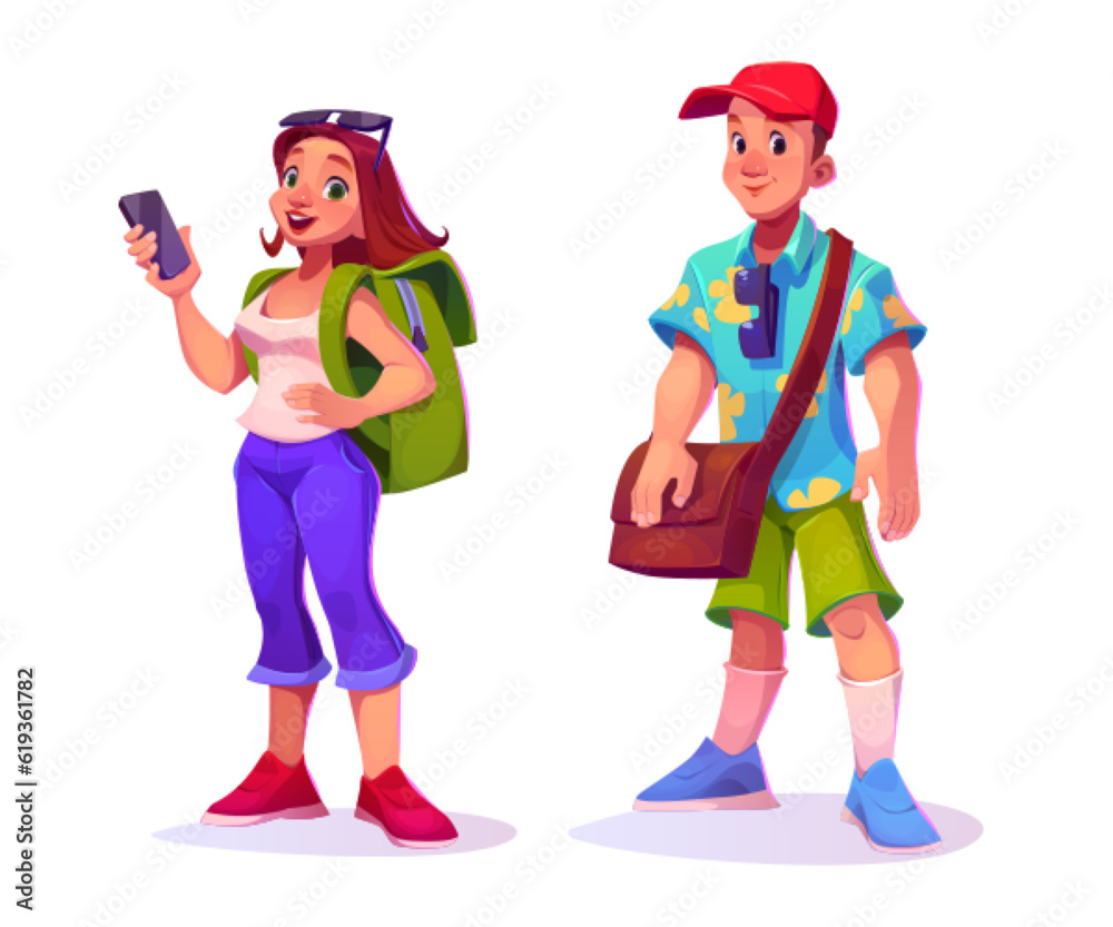 Travel tourist happy woman with backpack vector illustration. Young man with bag and glasses standing isolated on white background. Adult couple ready for outdoor sightseeing and walking lifestyle