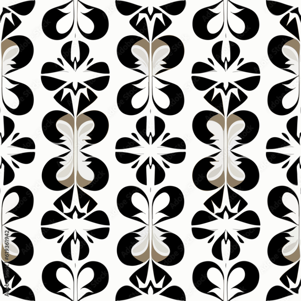 Intricate black and white flower pattern on a clean white backdrop, reminiscent of both art nouveau and art deco styles, with a touch of damask elegance. Intricate black and white flower pattern on a clean white backdrop, reminiscent of both art nouveau and art deco styles, with a touch of damask elegance.
