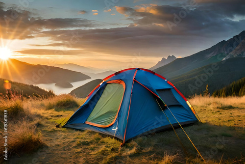  camping tent high in the mountains at sunset