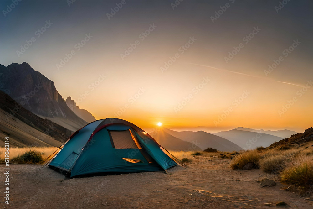  camping tent high in the mountains at sunset
