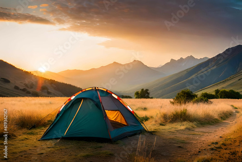  camping tent high in the mountains at sunset