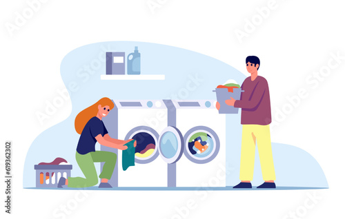 Lady putting clothes in washing machine, doing laundry. Concept of home appliances and housekeeping. Process of loading washing machine. Vector flat illustration in blue colors