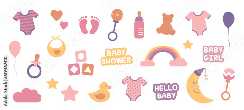 colorful set of baby utensils baby girl collection isolated on white vector illustration EPS10