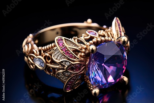 Neon purple diamond ring made of glass with high refraction