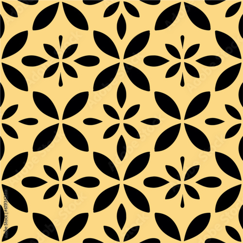 Striking dark flower pattern consisting of black and yellow flowers on a vibrant yellow background, reminiscent of art deco style, forming a seamless and appealing design.