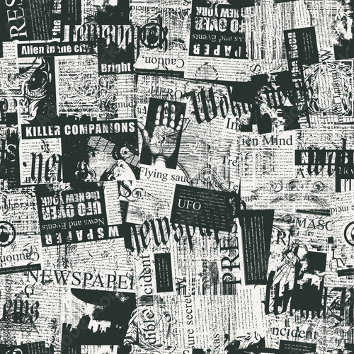 Abstract seamless pattern with chaotic layering of newspaper text, illustrations, headlines on a light backdrop. Creative vector background in grunge style. Wallpaper, wrapping paper or fabric design