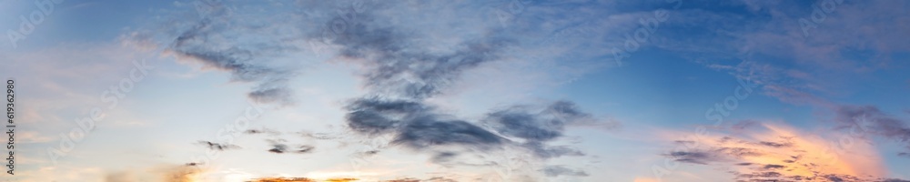 Fototapeta premium Dramatic panorama sky with cloud on sunrise and sunset time. Panoramic image.