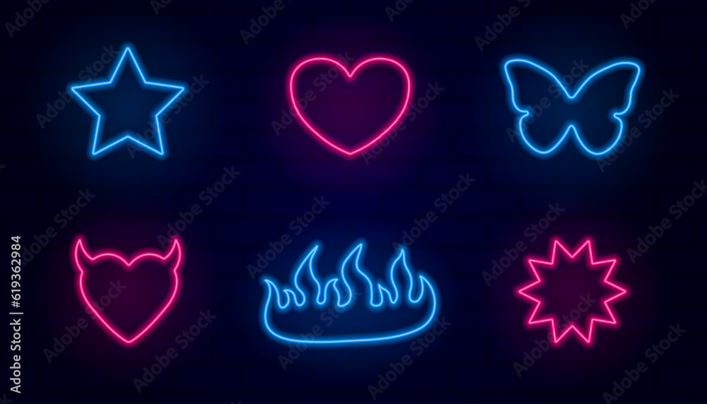 y2k neon icons, 90s 2000s style, nostalgia, neon light, butterfly, heart, star, flame, trendy vector illustration