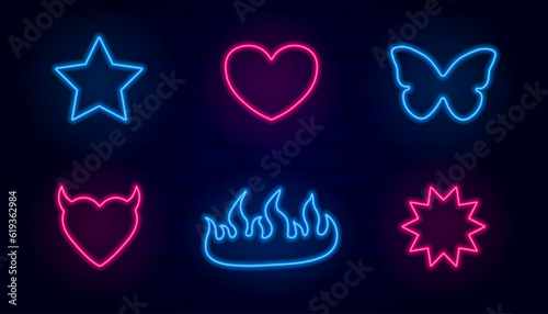 y2k neon icons, 90s 2000s style, nostalgia, neon light, butterfly, heart, star, flame, trendy vector illustration