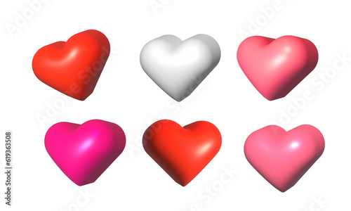 Set of six 3D hearts, on a poster or postcard